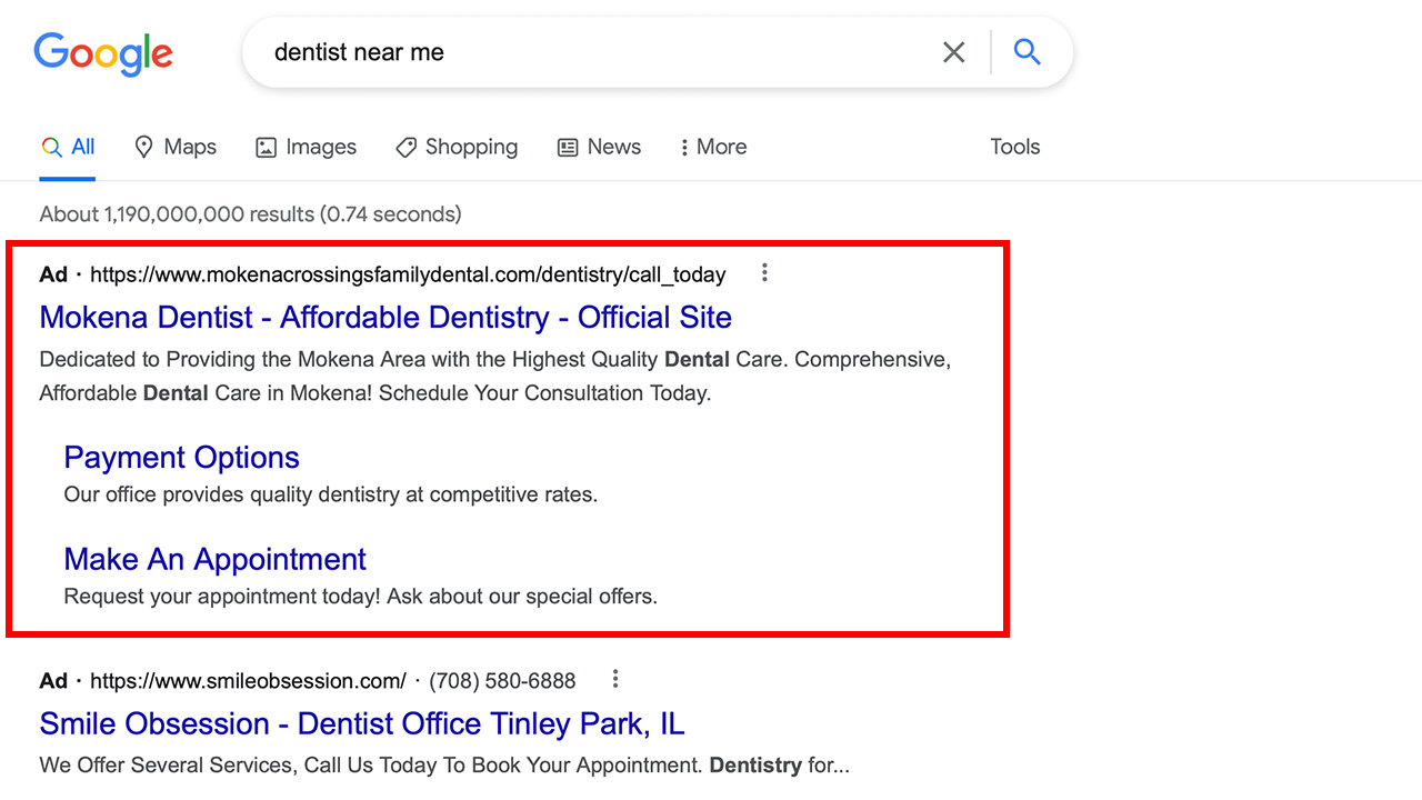 Google search ads for Mokena Crossings Family Dental and Smile Obsession